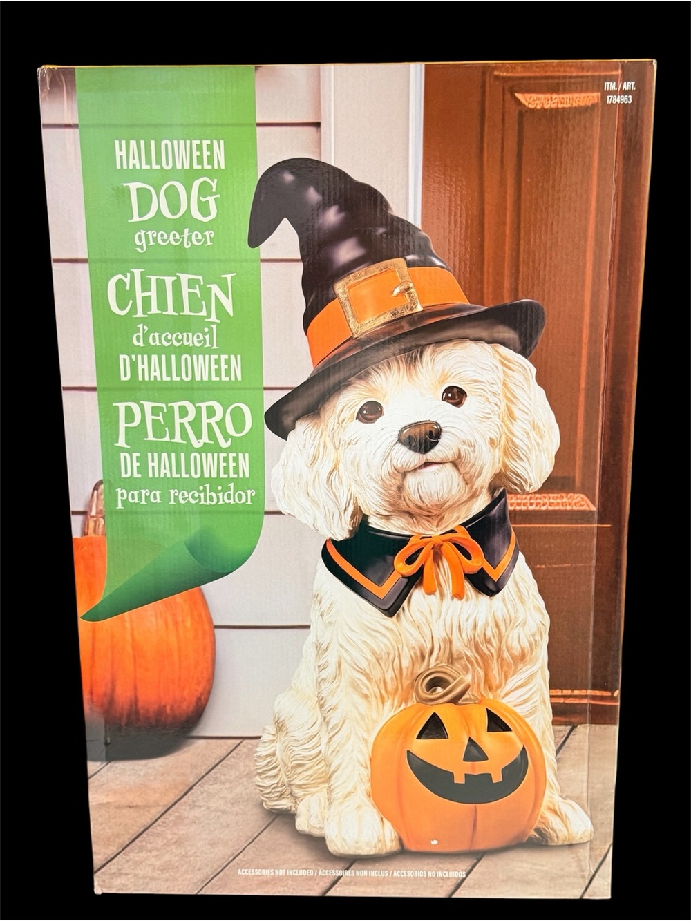 Halloween Dog Greeter Statue - White and Orange Witch Costume